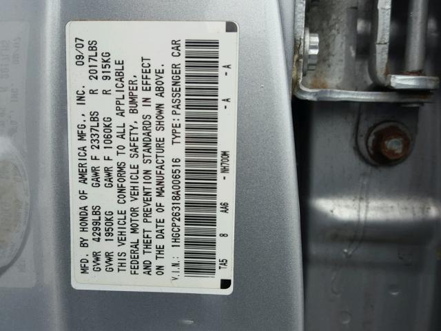 1HGCP26318A006516 - 2008 HONDA ACCORD LX SILVER photo 10