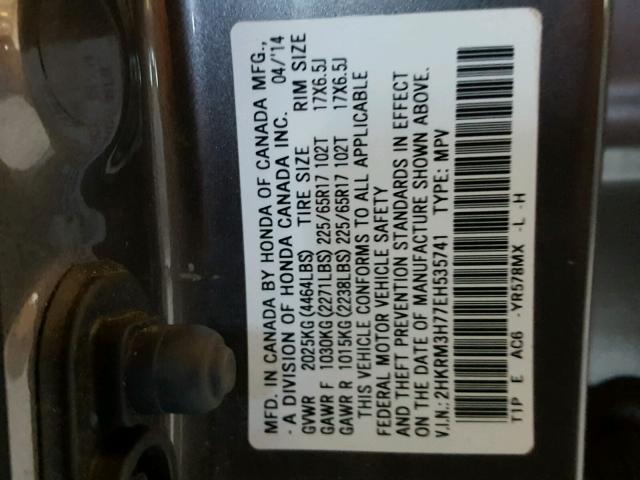 2HKRM3H77EH535741 - 2014 HONDA CR-V EXL GRAY photo 10