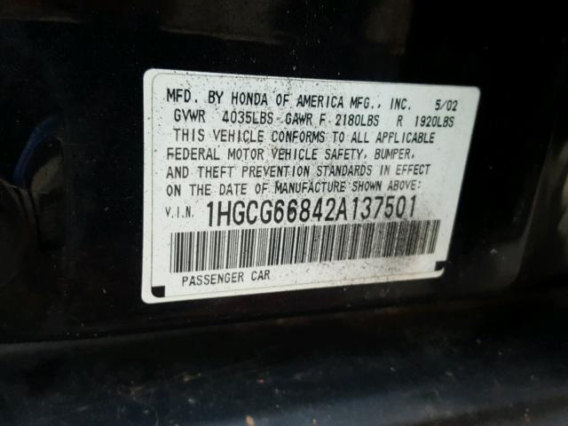 1HGCG66842A137501 - 2002 HONDA ACCORD EX BLACK photo 10