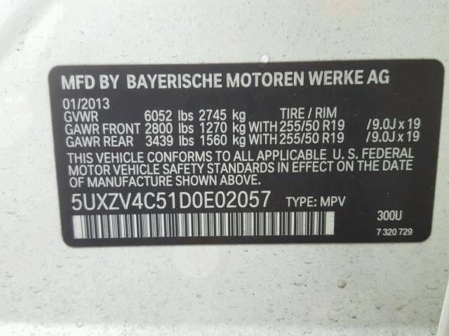 5UXZV4C51D0E02057 - 2013 BMW X5 XDRIVE3 თეთრი ფოტო 10
