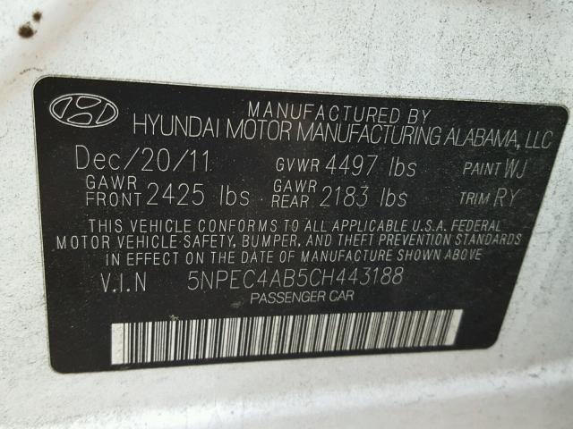 5NPEC4AB5CH443188 - 2012 HYUNDAI SONATA SE WHITE photo 10