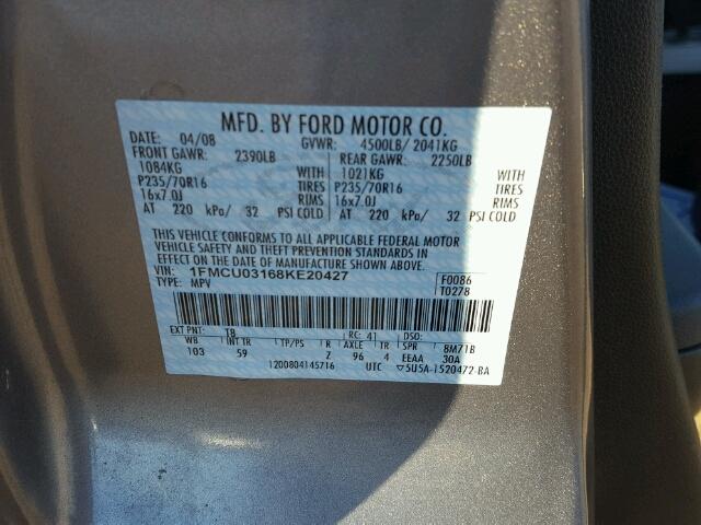 1FMCU03168KE20427 - 2008 FORD ESCAPE XLT GRAY photo 10