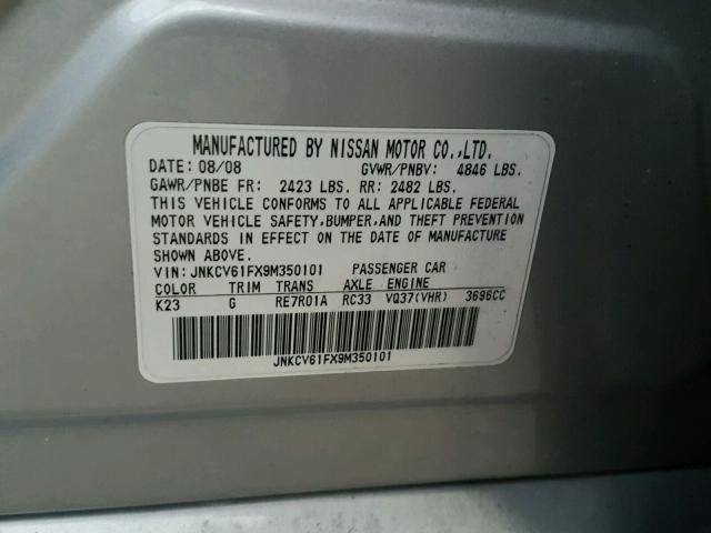 JNKCV61FX9M350101 - 2009 INFINITI G37 SILVER photo 10