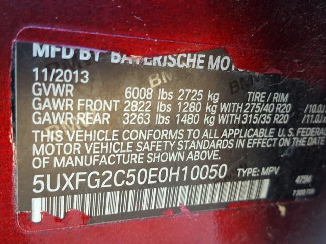 5UXFG2C50E0H10050 - 2014 BMW X6 XDRIVE3 RED photo 10