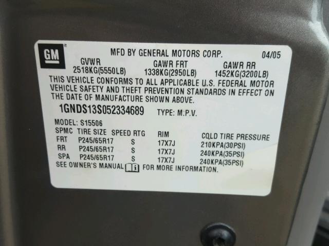 1GNDS13S052334689 - 2005 CHEVROLET TRAILBLAZE GRAY photo 10