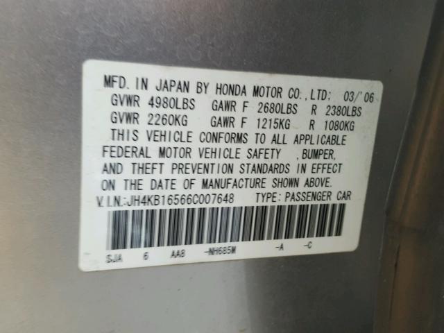 JH4KB16566C007648 - 2006 ACURA RL ვერცხლისფერი ფოტო 10