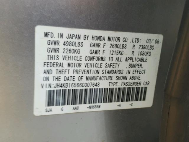 JH4KB16566C007648 - 2006 ACURA RL SILVER photo 10