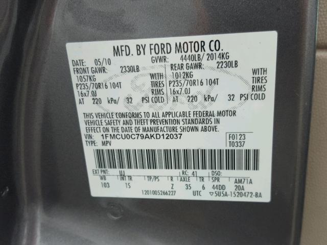 1FMCU0C79AKD12037 - 2010 FORD ESCAPE XLS GRAY photo 10