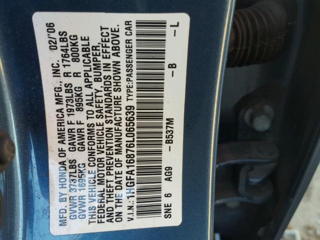1HGFA16876L065639 - 2006 HONDA CIVIC EX Mavi foto 10