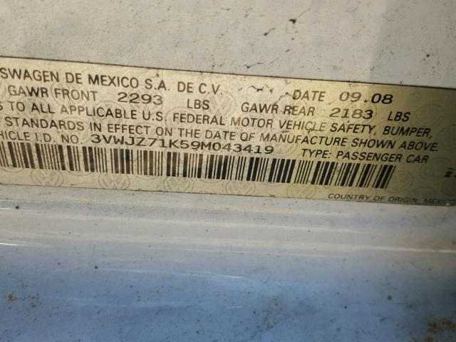 3VWJZ71K59M043419 - 2009 VOLKSWAGEN JETTA S 白色 照片 10