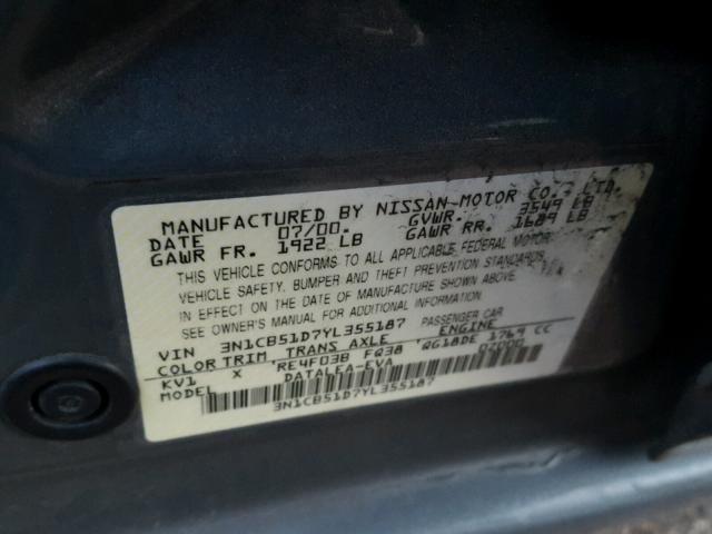 3N1CB51D7YL355187 - 2000 NISSAN SENTRA BAS GRAY photo 10