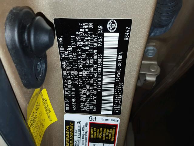 4T4BF1FK6CR168035 - 2012 TOYOTA CAMRY BASE CREAM photo 10