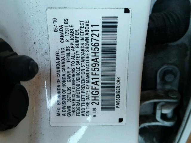 2HGFA1F59AH567211 - 2010 HONDA CIVIC LX WHITE photo 10