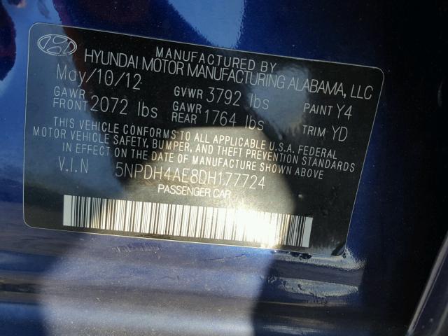 5NPDH4AE8DH177724 - 2013 HYUNDAI ELANTRA GL BLUE photo 10