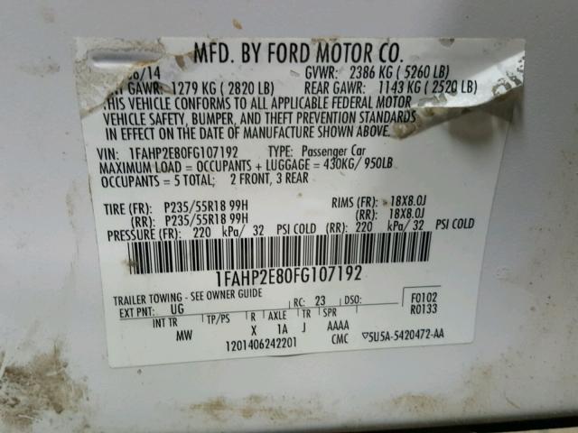 1FAHP2E80FG107192 - 2015 FORD TAURUS SEL WHITE photo 10