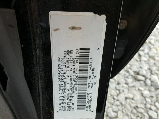 JT2BK12U730077759 - 2003 TOYOTA PRIUS BLACK photo 10