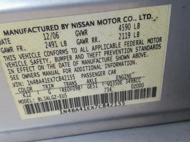 1N4BA41EX7C842155 - 2007 NISSAN MAXIMA SE SILVER photo 10