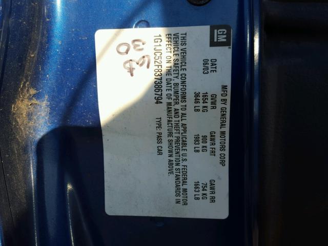 1G1JC52F837386794 - 2003 CHEVROLET CAVALIER BLUE photo 10