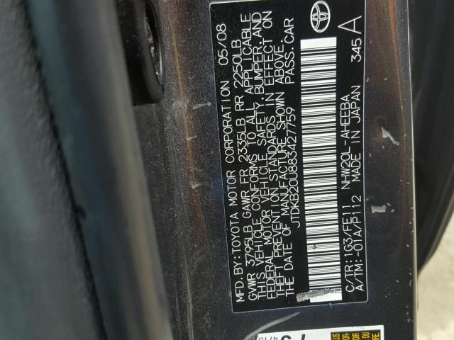 JTDKB20U883427759 - 2008 TOYOTA PRIUS GRAY photo 10