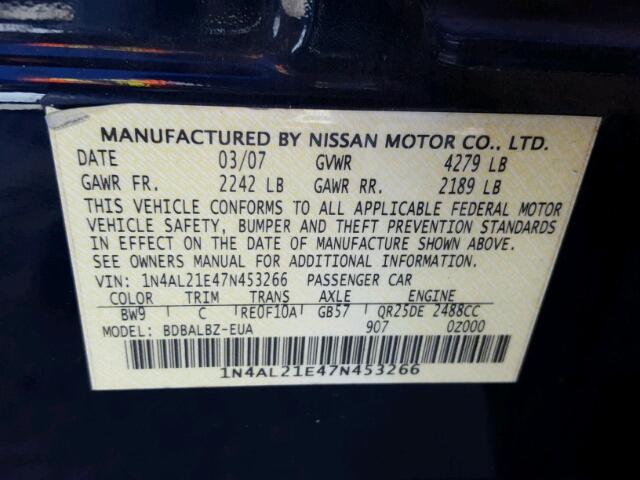 1N4AL21E47N453266 - 2007 NISSAN ALTIMA 2.5 BLUE photo 10