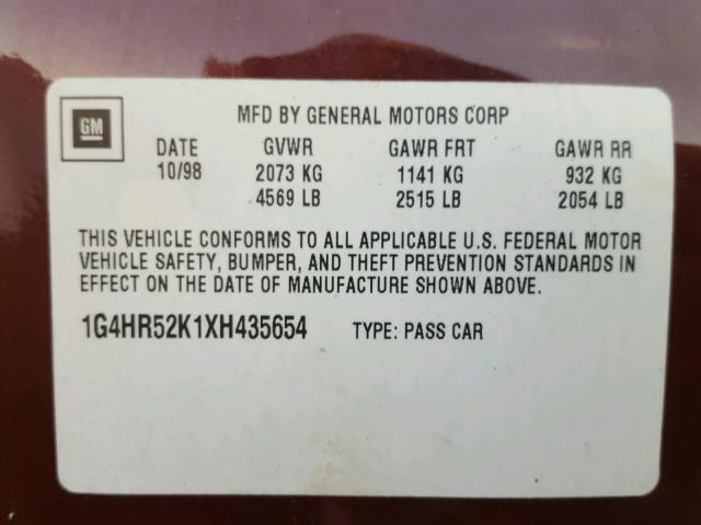 1G4HR52K1XH435654 - 1999 BUICK LESABRE LI MAROON photo 10