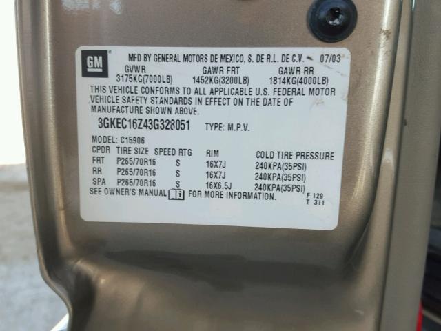 3GKEC16Z43G328051 - 2003 GMC YUKON XL C TAN photo 10