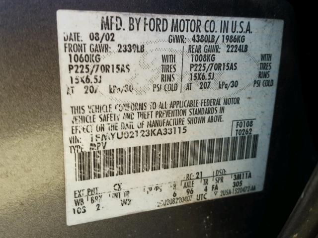 1FMYU02123KA33115 - 2003 FORD ESCAPE XLS GRAY photo 10