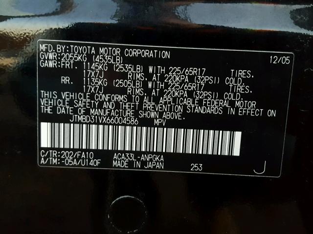 JTMBD31VX66004586 - 2006 TOYOTA RAV4 LIMIT BLACK photo 10