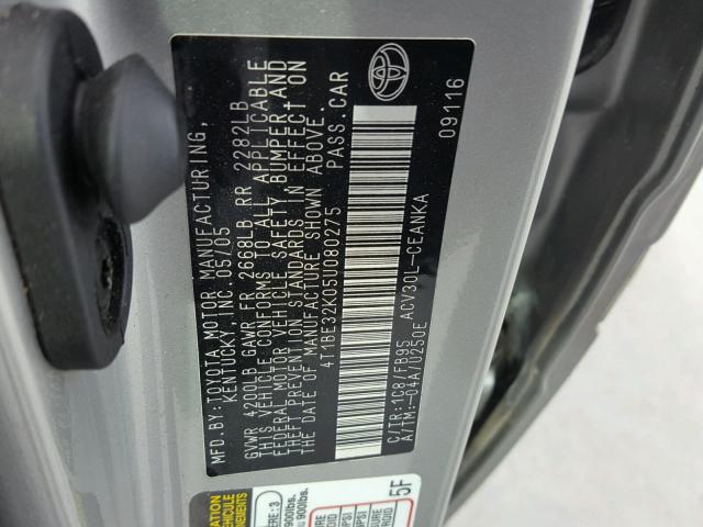 4T1BE32K05U080275 - 2005 TOYOTA CAMRY LE ვერცხლისფერი ფოტო 10