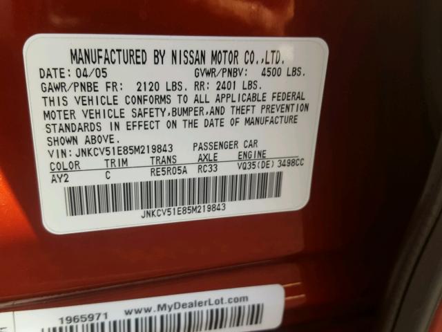 JNKCV51E85M219843 - 2005 INFINITI G35 RED photo 10