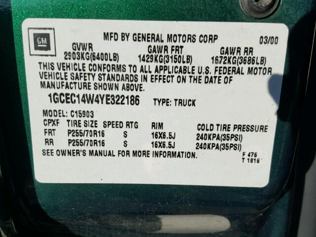 1GCEC14W4YE322186 - 2000 CHEVROLET SILVERADO GREEN photo 10