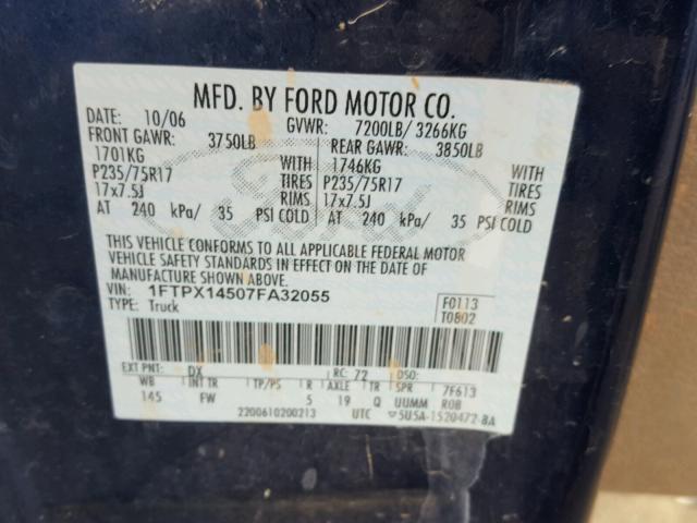 1FTPX14507FA32055 - 2007 FORD F150 BLACK photo 10