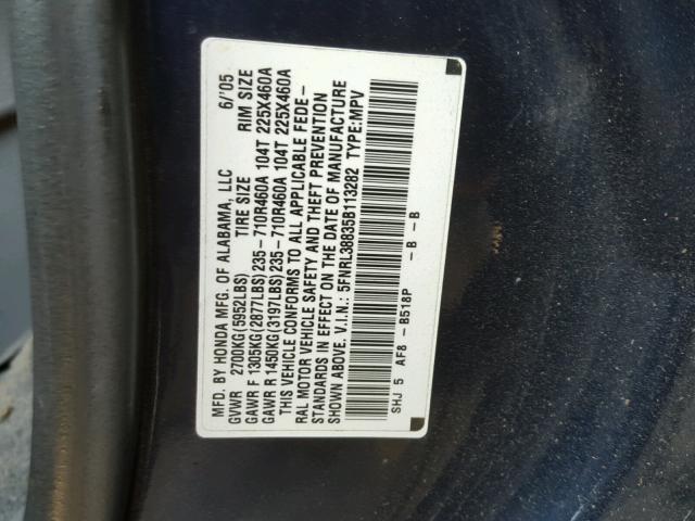 5FNRL38835B113282 - 2005 HONDA ODYSSEY TO BLUE photo 10