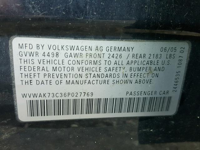 WVWAK73C36P027769 - 2006 VOLKSWAGEN PASSAT 2.0 BLUE photo 10