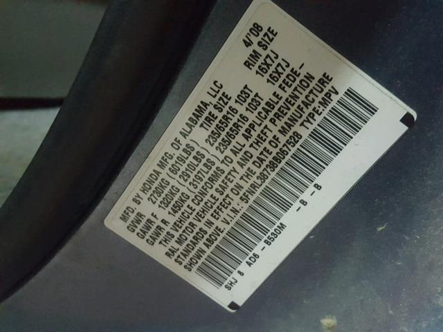 5FNRL38738B067528 - 2008 HONDA ODYSSEY EX BLUE photo 10
