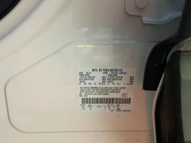 2FMPK3J87GBC04281 - 2016 FORD EDGE SEL WHITE photo 10