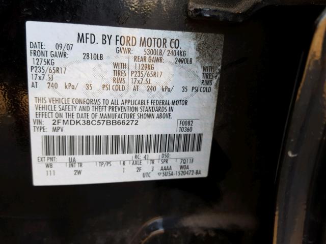 2FMDK38C57BB66272 - 2007 FORD EDGE SEL BLACK photo 10