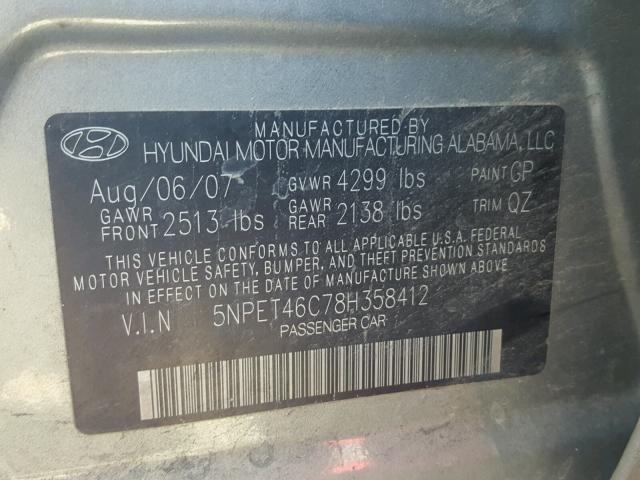 5NPET46C78H358412 - 2008 HYUNDAI SONATA GLS GREEN photo 10