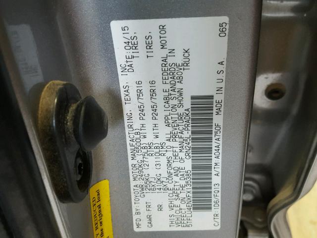 5TFLU4ENXFX135385 - 2015 TOYOTA TACOMA DOU SILVER photo 10