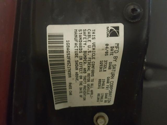 1G8AG52F05Z170399 - 2005 SATURN ION LEVEL MAROON photo 10
