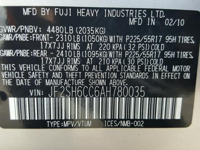 JF2SH6CC6AH780035 - 2010 SUBARU FORESTER 2 SILVER photo 10