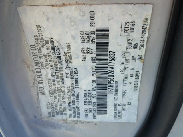 1FAHP56U26A176837 - 2006 FORD TAURUS SEL SILVER photo 10