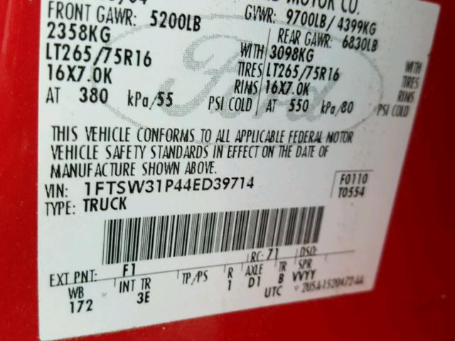 1FTSW31P44ED39714 - 2004 FORD F350 SRW S RED photo 10