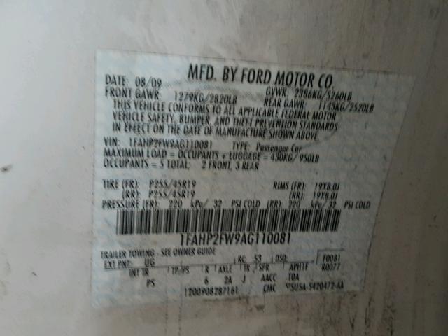 1FAHP2FW9AG110081 - 2010 FORD TAURUS LIM WHITE photo 10