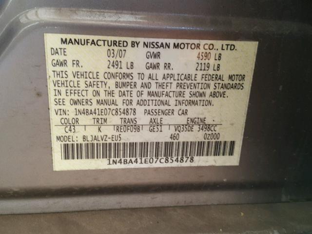 1N4BA41E07C854878 - 2007 NISSAN MAXIMA SE BEIGE photo 10