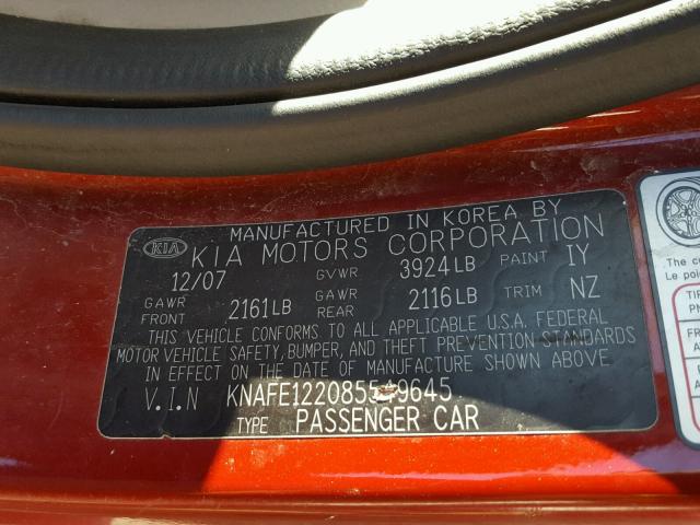 KNAFE122085549645 - 2008 KIA SPECTRA EX RED photo 10