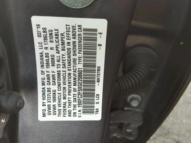 19XFC2F5XGE208601 - 2016 HONDA CIVIC LX GRAY photo 10