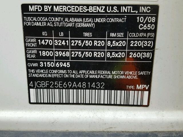 4JGBF25E69A481432 - 2009 MERCEDES-BENZ GL WHITE photo 10