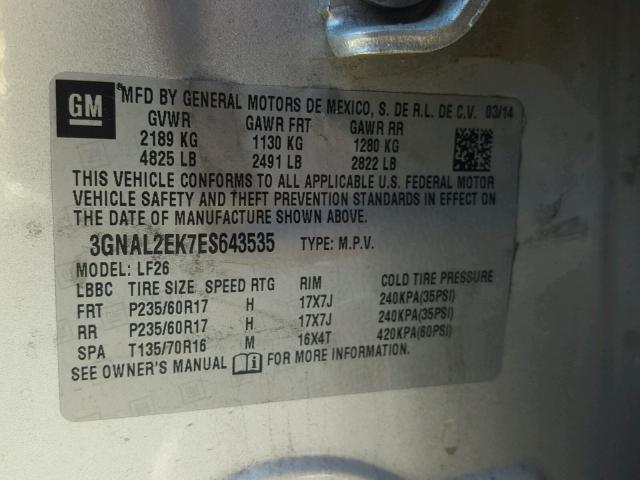 3GNAL2EK7ES643535 - 2014 CHEVROLET CAPTIVA LS 银色 照片 10