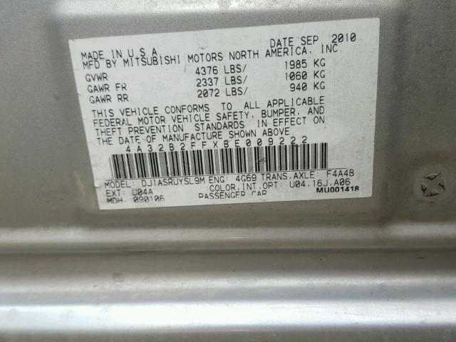 4A32B2FFXBE009222 - 2011 MITSUBISHI GALANT FE SILVER photo 10